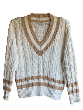 Vintage Honors Apparel Chunky Cable Knit Cricket Sweater V Neck Stripes Small